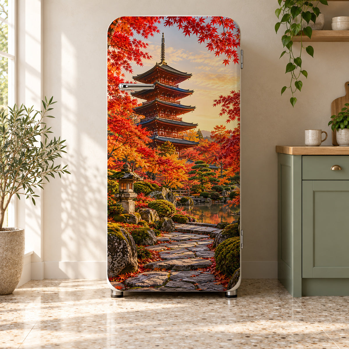 Kyoto Pagoda Autumn Maples fridge wrap on a retro refrigerator