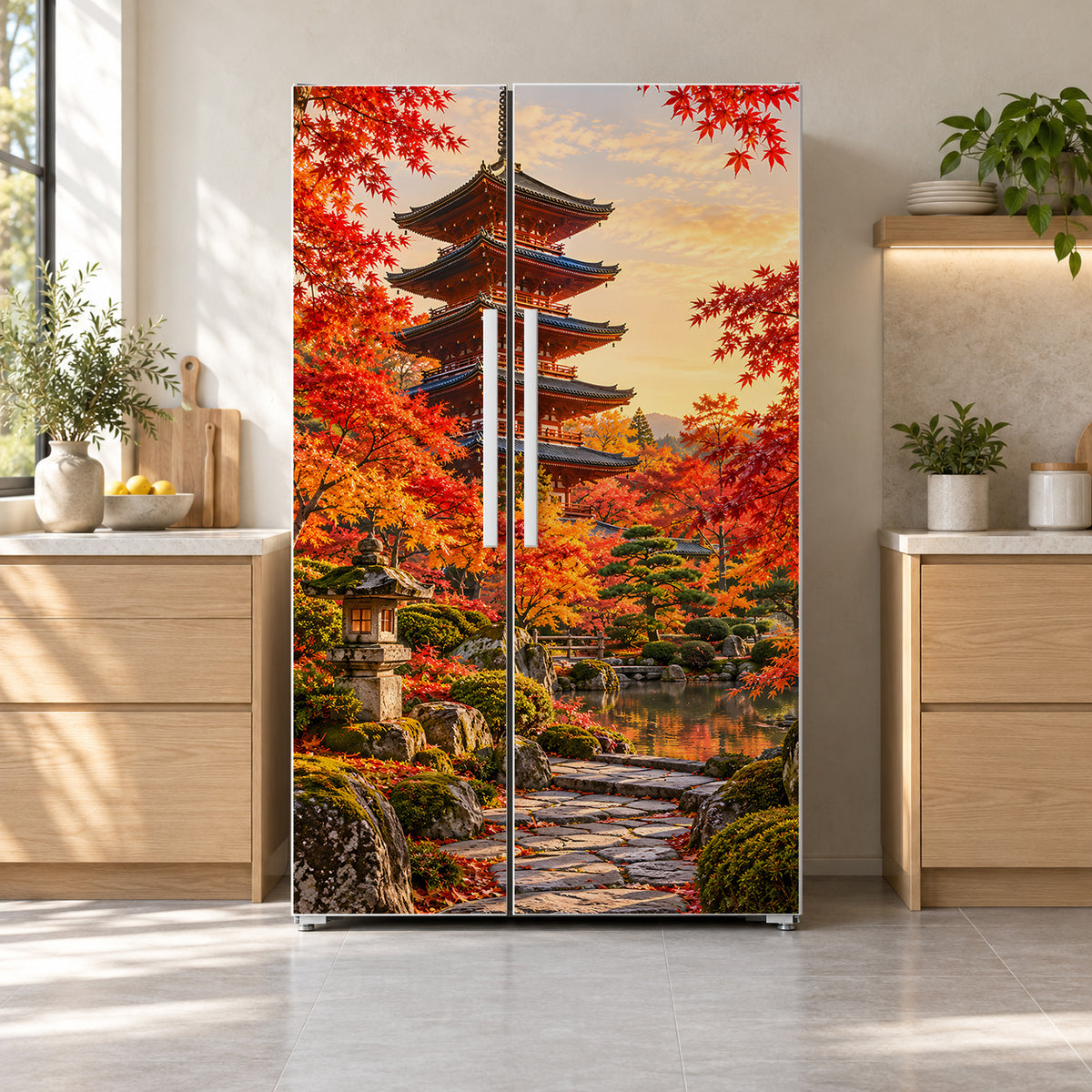 Kyoto Pagoda Autumn Maples fridge wrap on a side-by-side refrigerator