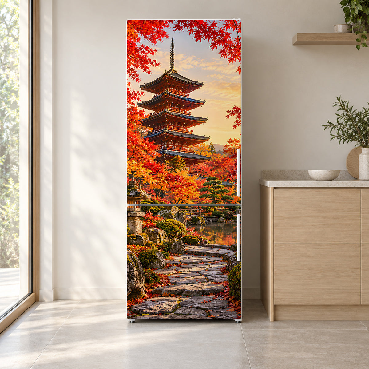 Kyoto Pagoda Autumn Maples fridge wrap on a white refrigerator in a bright kitchen