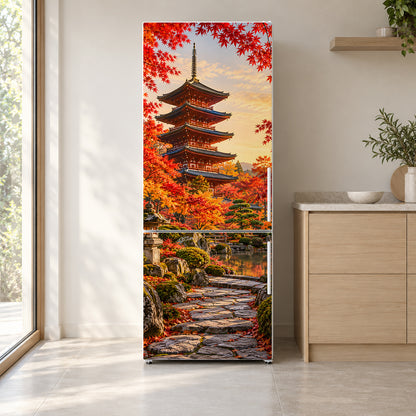 Kyoto Pagoda Autumn Maples fridge wrap on a white refrigerator in a bright kitchen