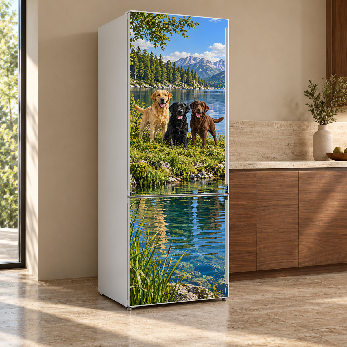 Labrador Retrievers fridge wrap, refrigerator shown at an angle