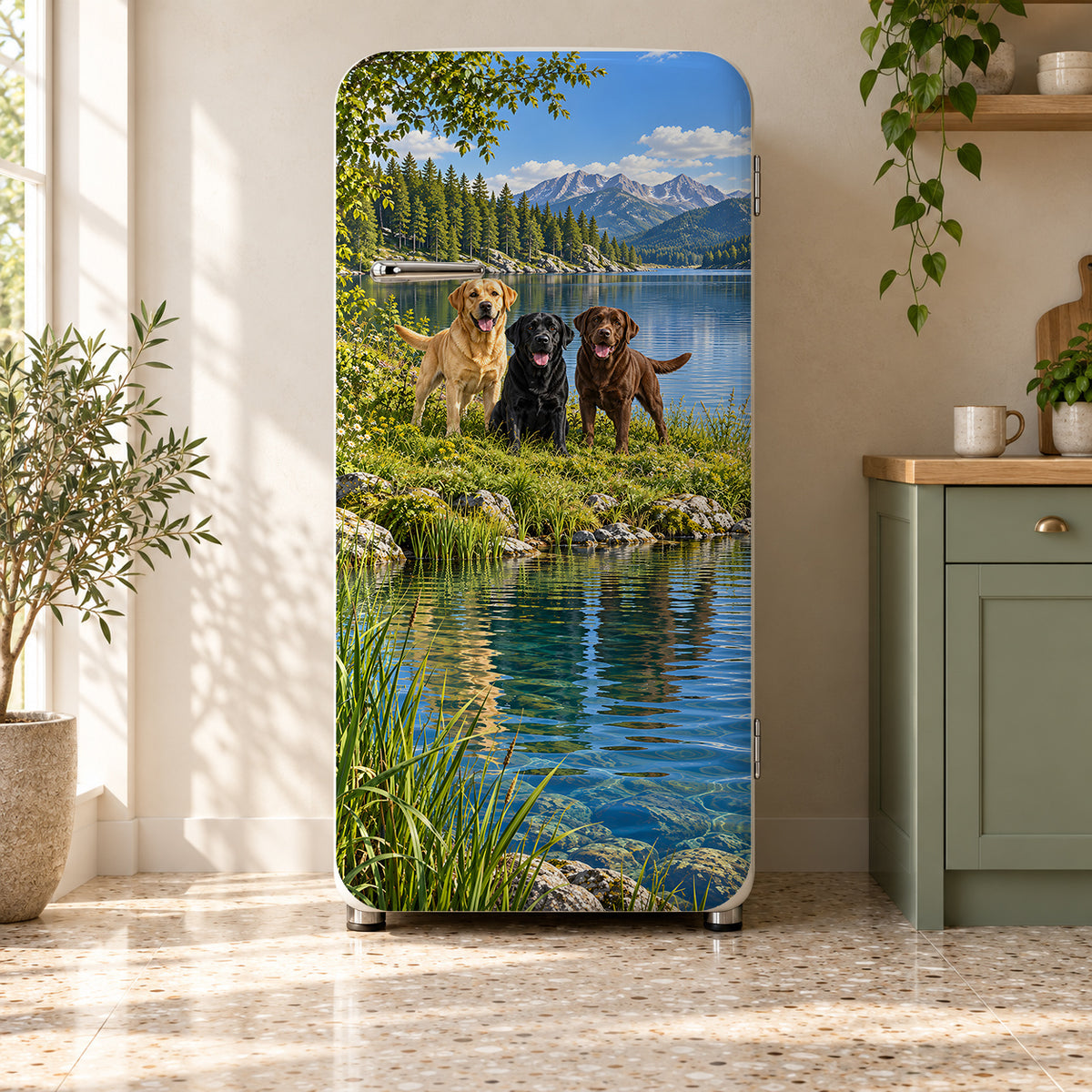 Labrador Retrievers fridge wrap on a retro refrigerator