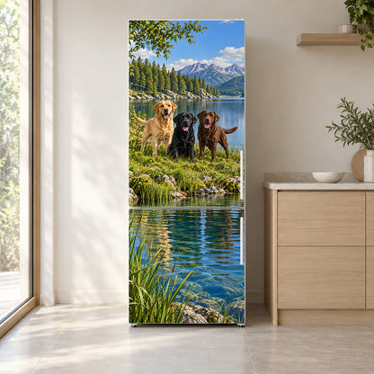 Labrador Retrievers fridge wrap on a white refrigerator in a bright kitchen