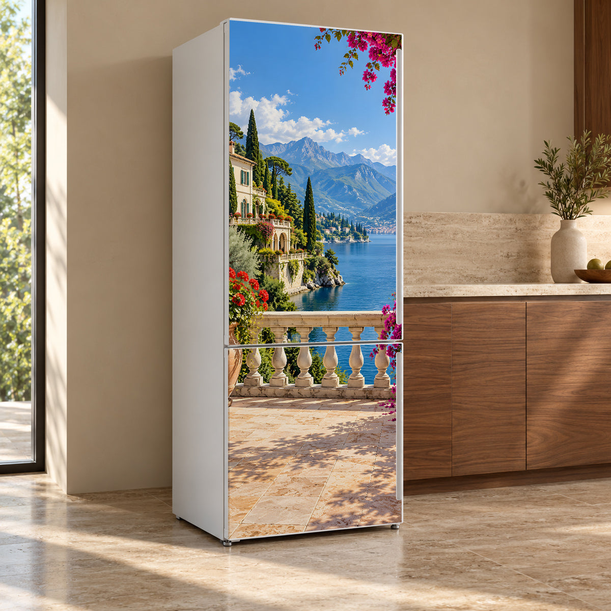 Lake Como Villa fridge wrap, refrigerator shown at an angle
