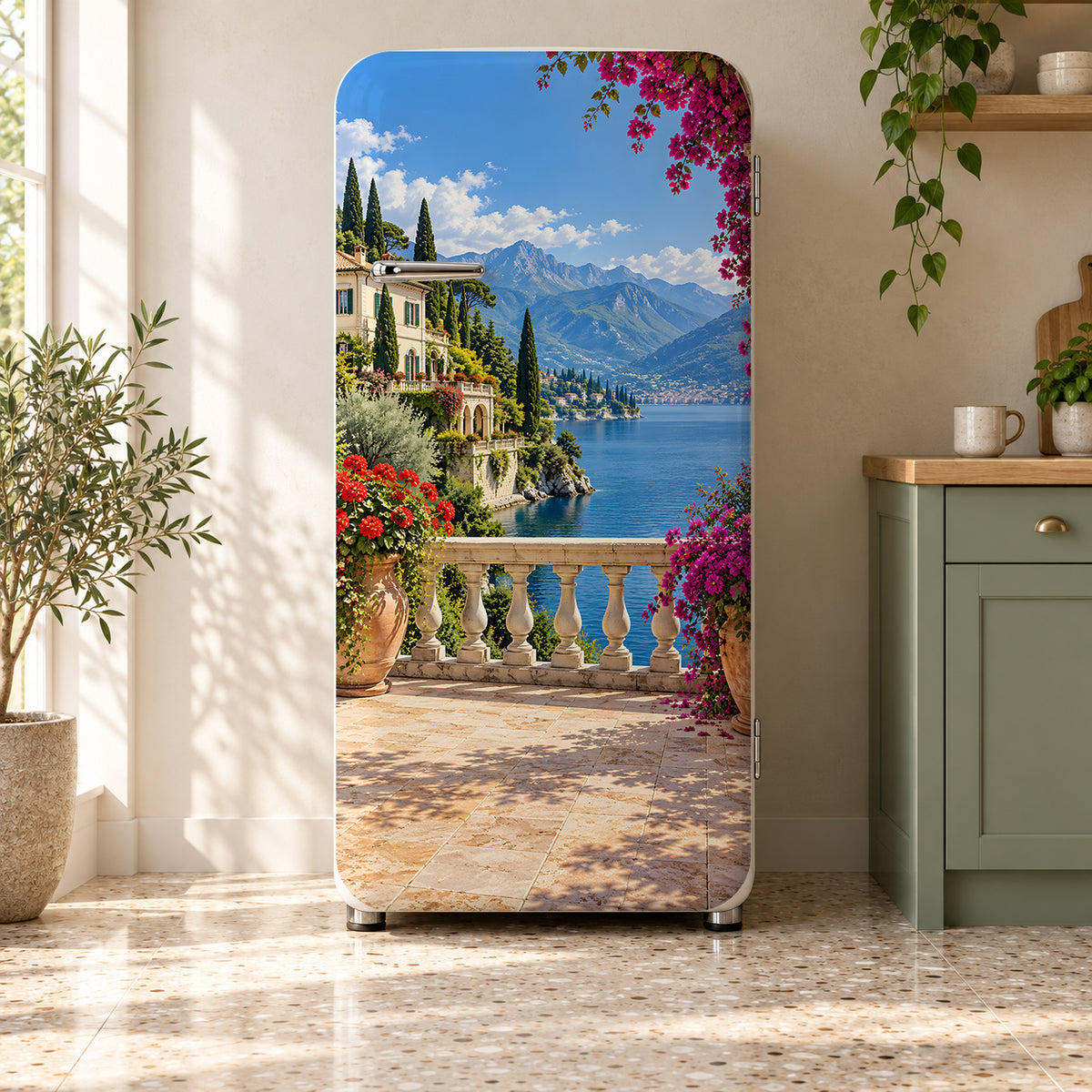 Lake Como Villa fridge wrap on a retro refrigerator