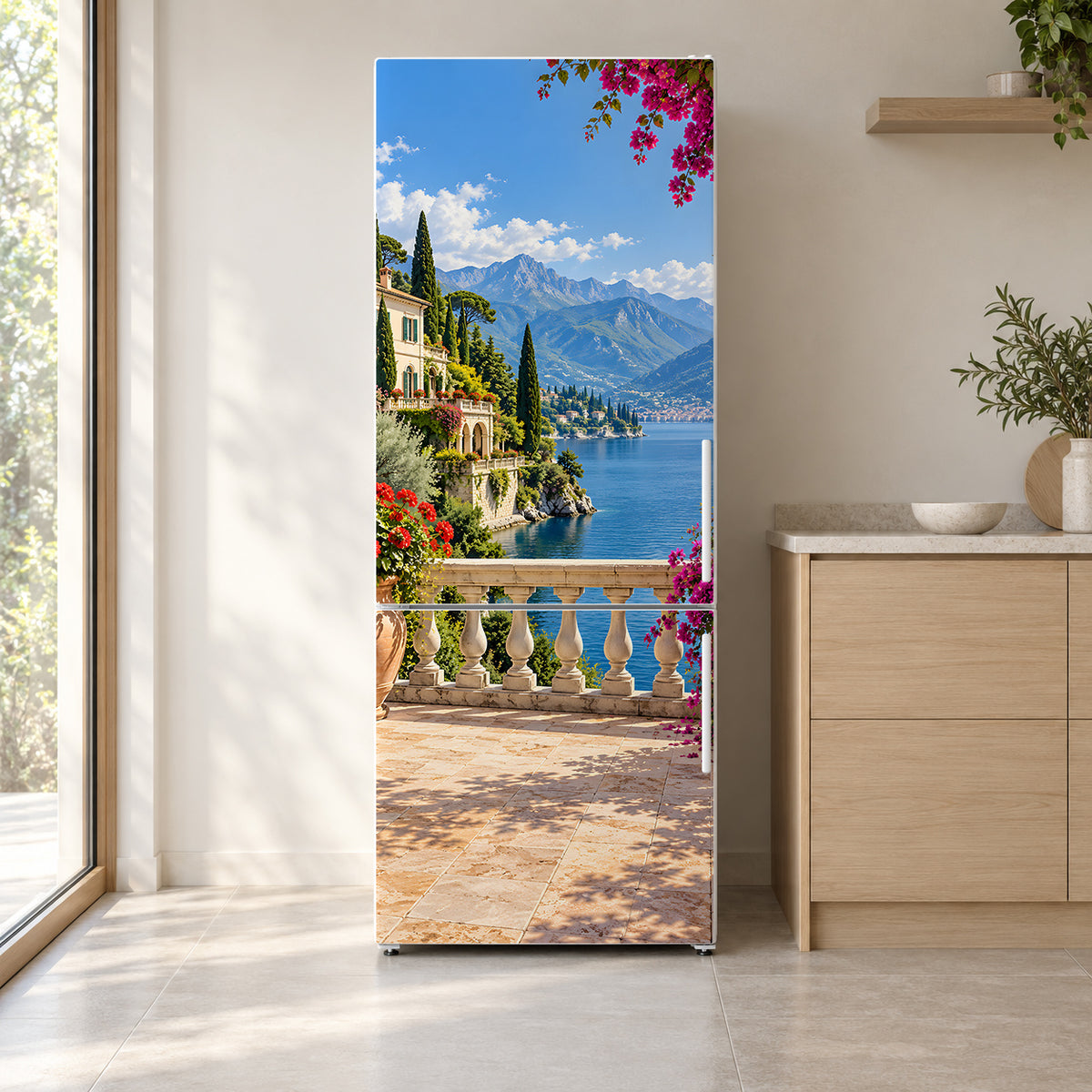Lake Como Villa fridge wrap on a white refrigerator in a bright kitchen