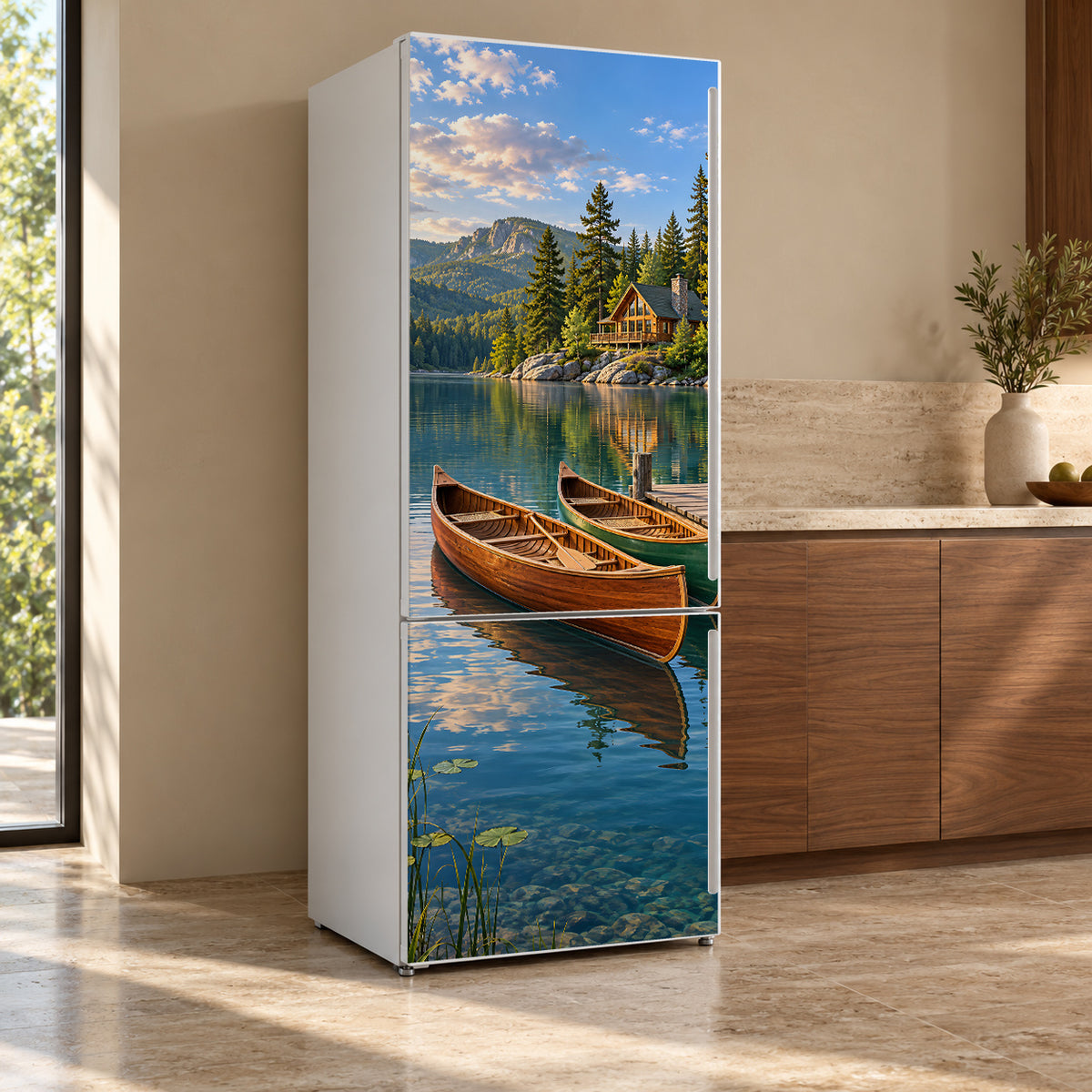 Lake House Canoes fridge wrap, refrigerator shown at an angle