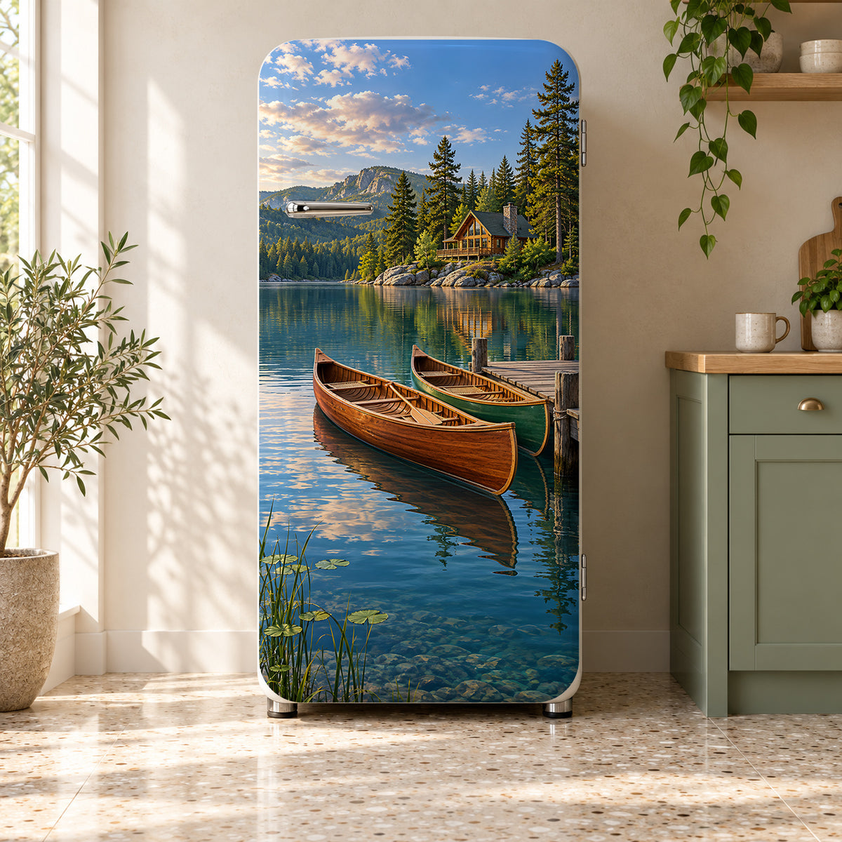 Lake House Canoes fridge wrap on a retro refrigerator