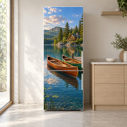 Lake House Canoes fridge wrap on a white refrigerator in a bright kitchen