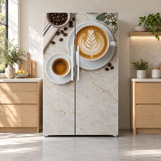Latte Art fridge wrap on a side-by-side refrigerator