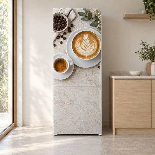Latte Art fridge wrap on a white refrigerator in a bright kitchen