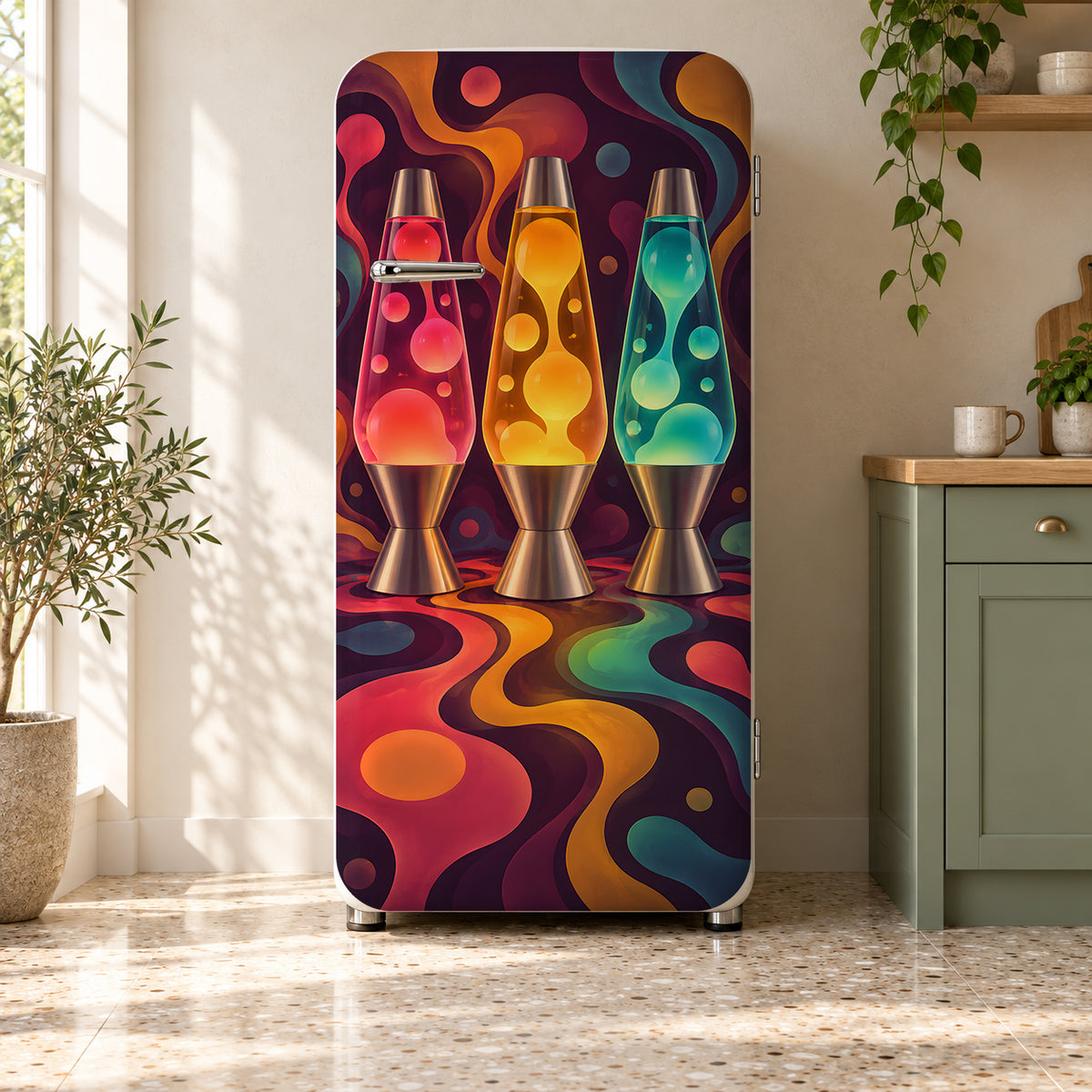 Lava Lamps fridge wrap on a retro refrigerator
