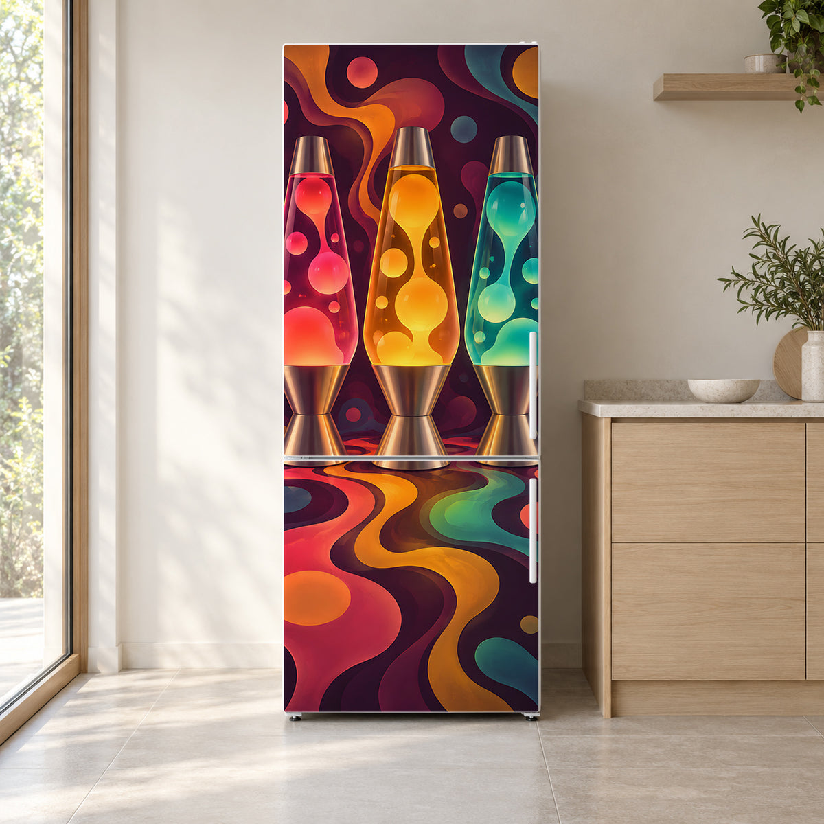 Lava Lamps fridge wrap on a white refrigerator in a bright kitchen