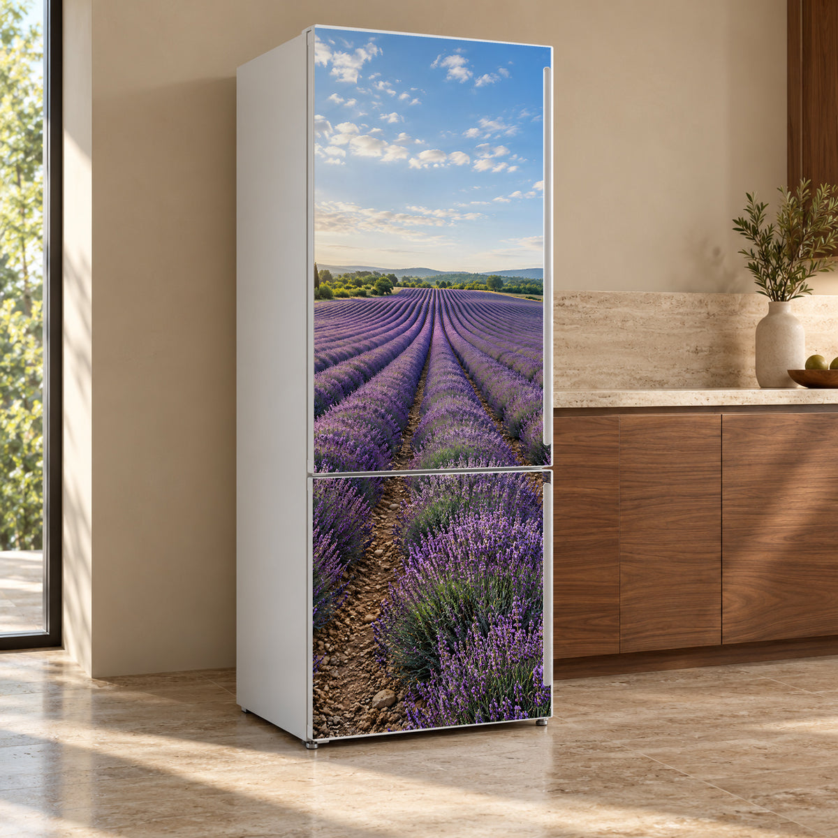 Lavender Field fridge wrap, refrigerator shown at an angle