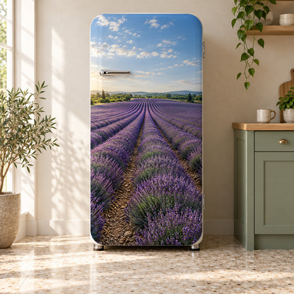 Lavender Field fridge wrap on a retro refrigerator