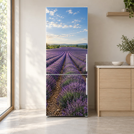 Lavender Field fridge wrap on a white refrigerator in a bright kitchen