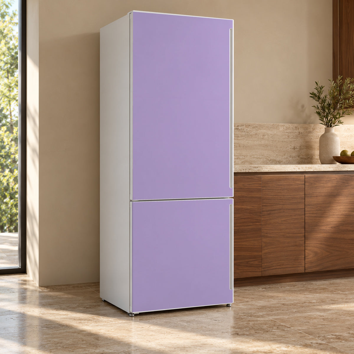 Lavender fridge wrap, refrigerator shown at an angle
