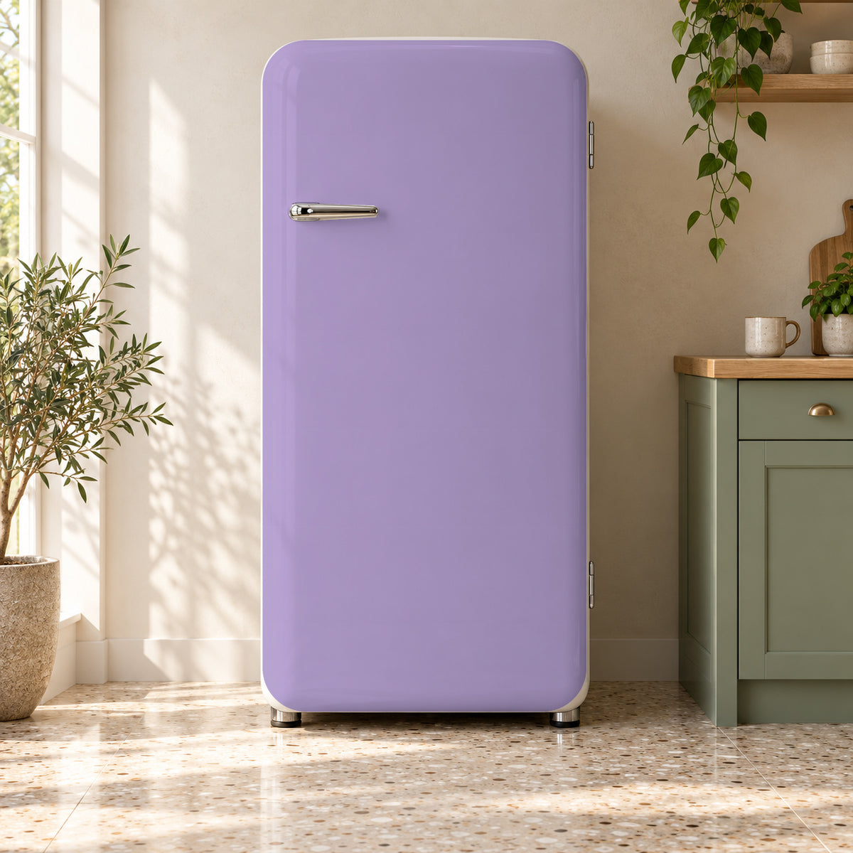 Lavender fridge wrap on a retro refrigerator