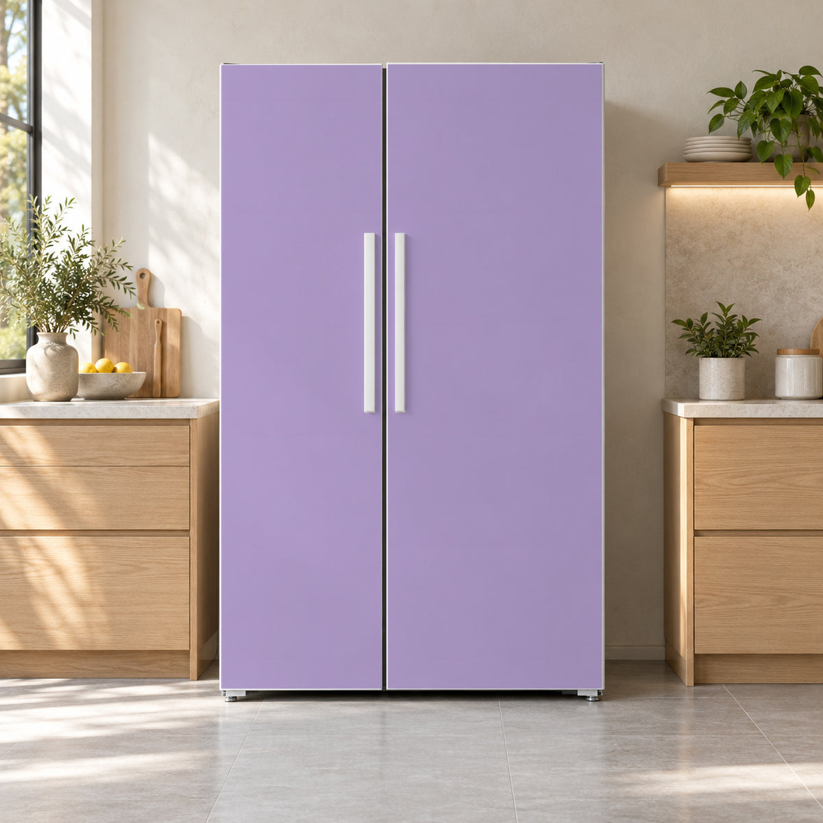 Lavender fridge wrap on a side-by-side refrigerator