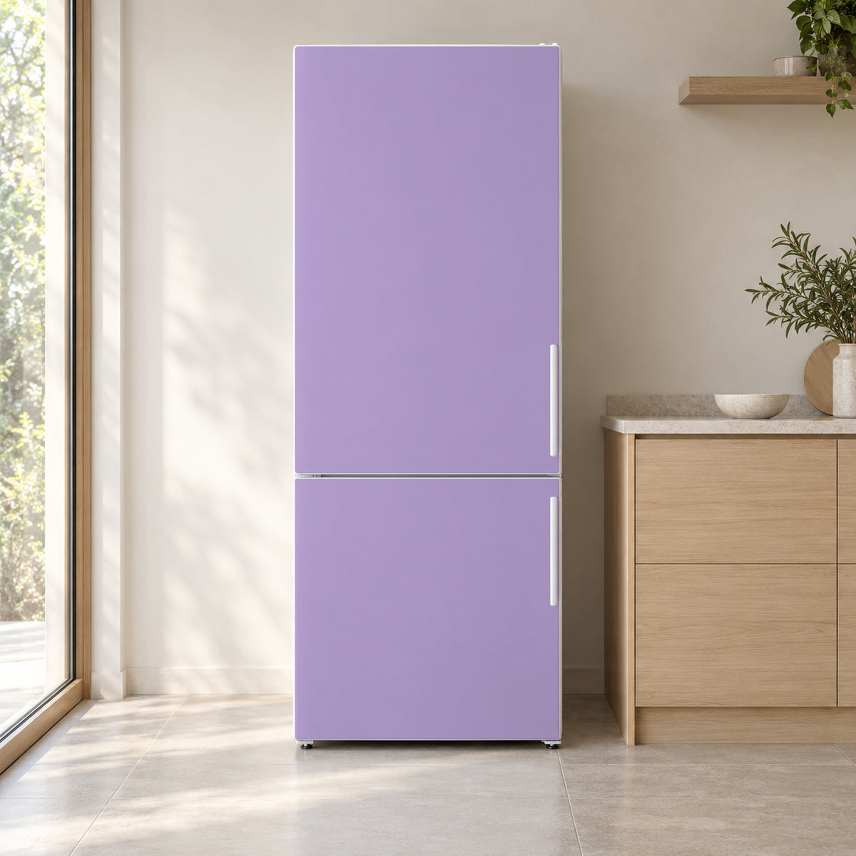 Lavender fridge wrap on a white refrigerator in a bright kitchen