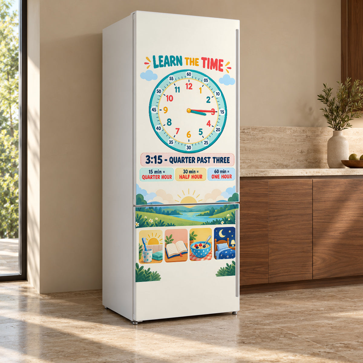Learn the Time Clock fridge wrap, refrigerator shown at an angle