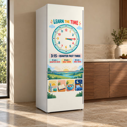 Learn the Time Clock fridge wrap, refrigerator shown at an angle
