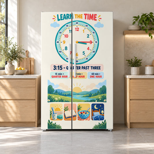 Learn the Time Clock fridge wrap on a side-by-side refrigerator