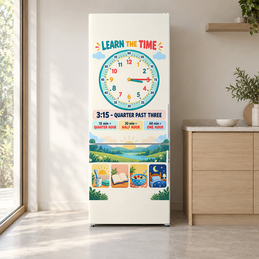 Learn the Time Clock fridge wrap on a white refrigerator in a bright kitchen