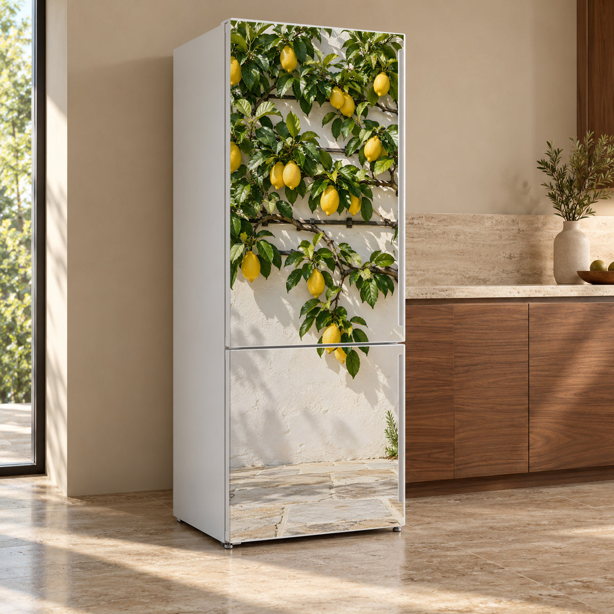 Lemon Tree fridge wrap, refrigerator shown at an angle