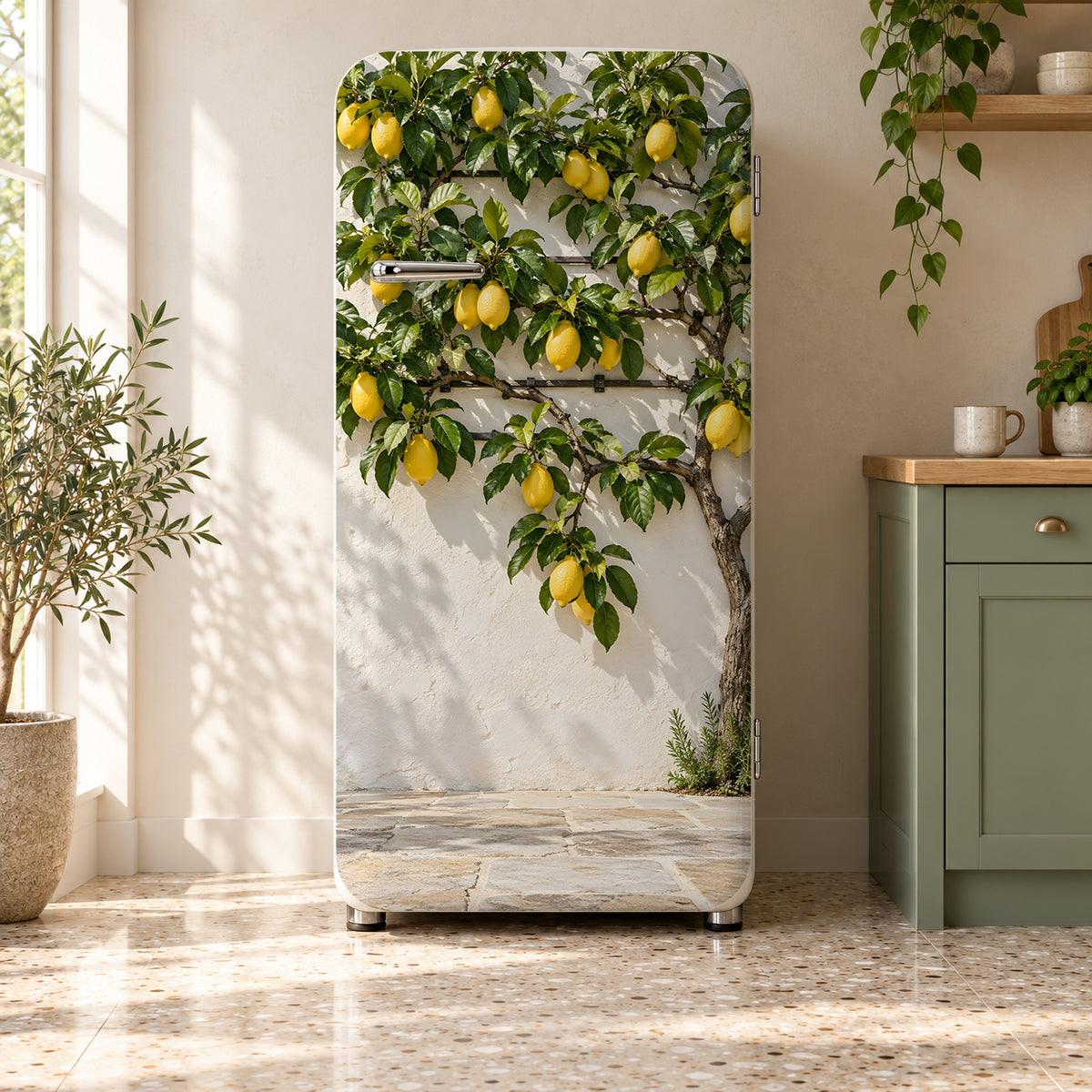 Lemon Tree fridge wrap on a retro refrigerator