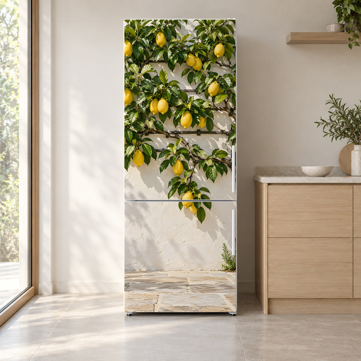 Lemon Tree fridge wrap on a white refrigerator in a bright kitchen