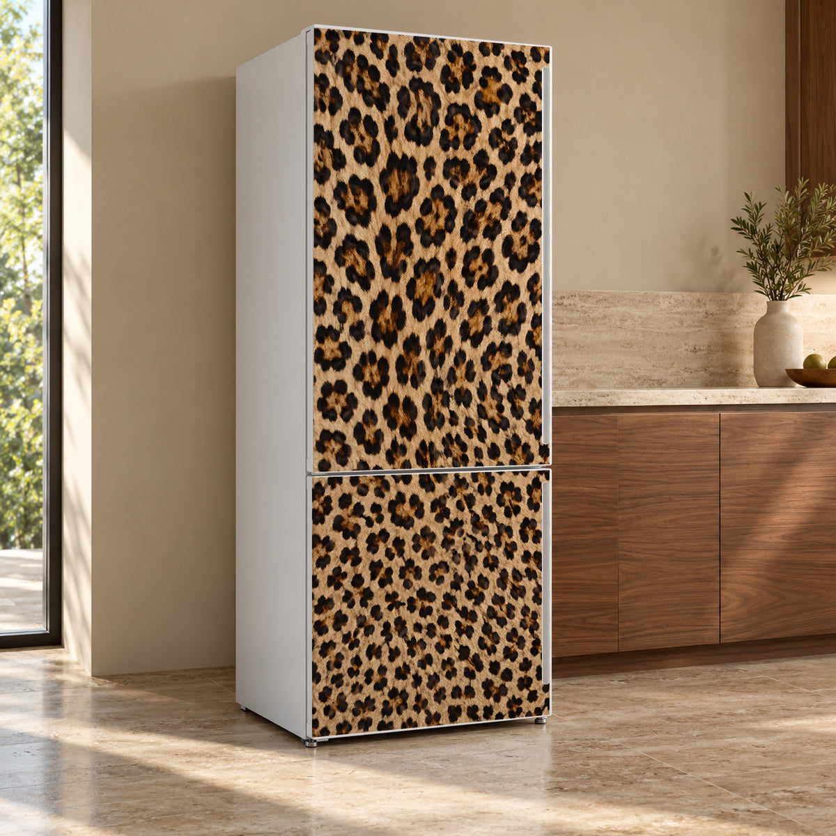 Leopard Print fridge wrap, refrigerator shown at an angle