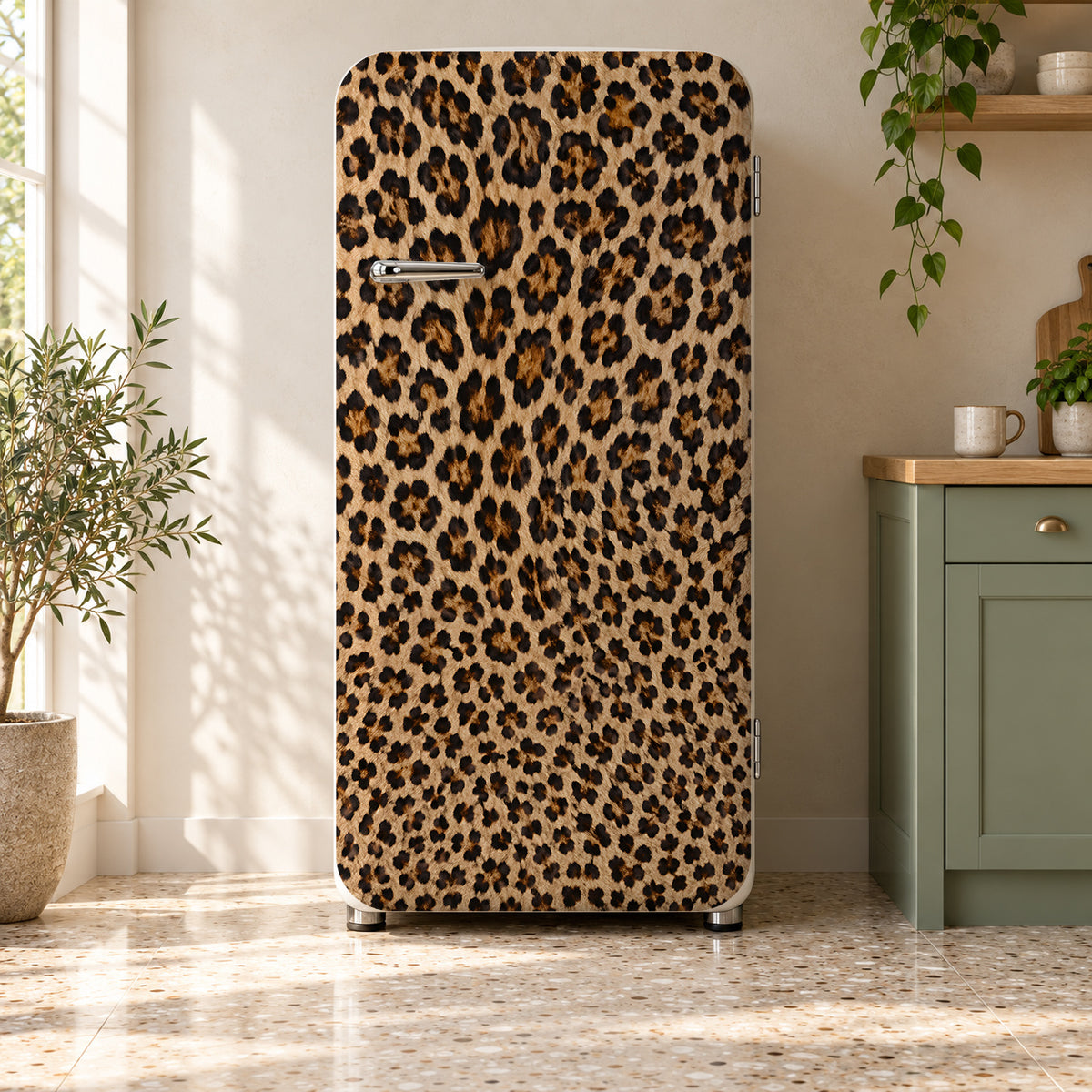 Leopard Print fridge wrap on a retro refrigerator