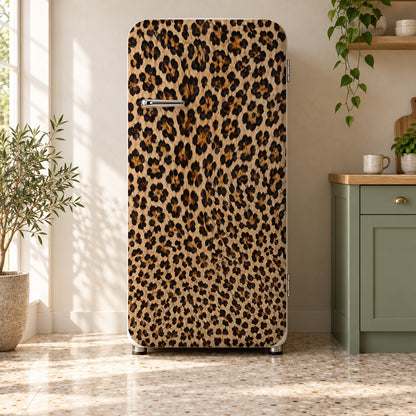 Leopard Print fridge wrap on a retro refrigerator