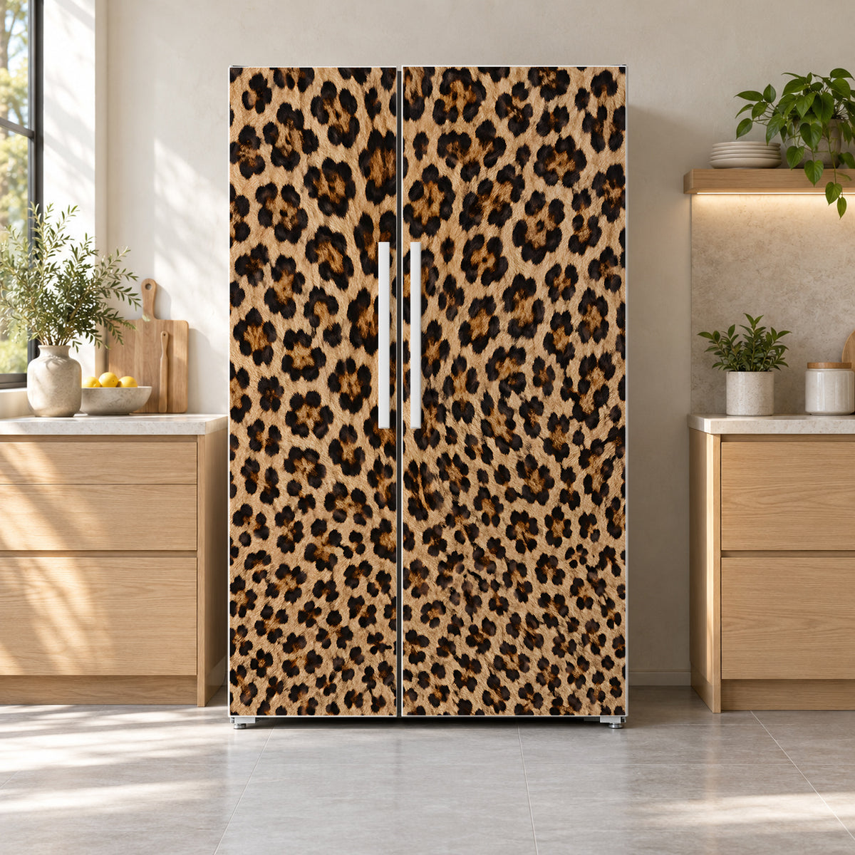 Leopard Print fridge wrap on a side-by-side refrigerator