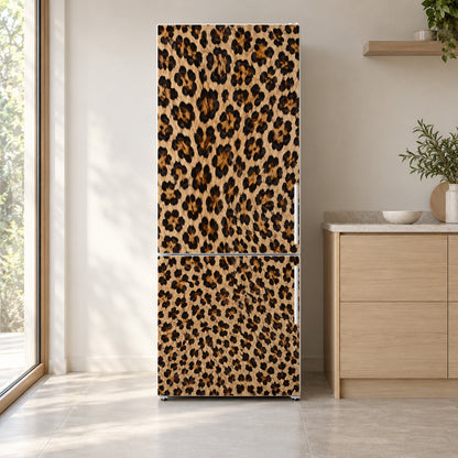 Leopard Print fridge wrap on a white refrigerator in a bright kitchen