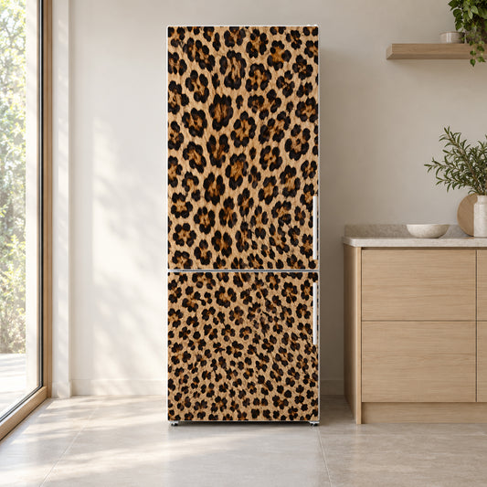 Leopard Print fridge wrap on a white refrigerator in a bright kitchen