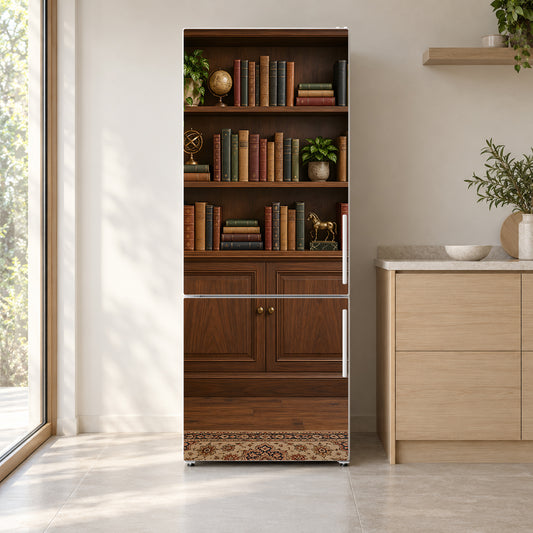 Library Bookshelf fridge wrap on a white refrigerator in a bright kitchen