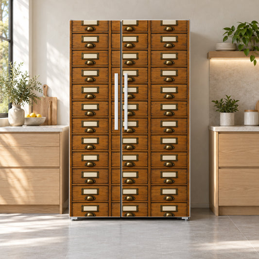 Library Card Catalog fridge wrap on a side-by-side refrigerator