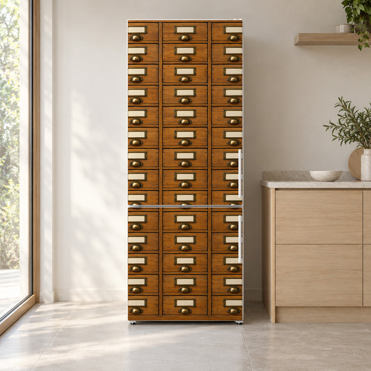 Library Card Catalog fridge wrap on a white refrigerator in a bright kitchen
