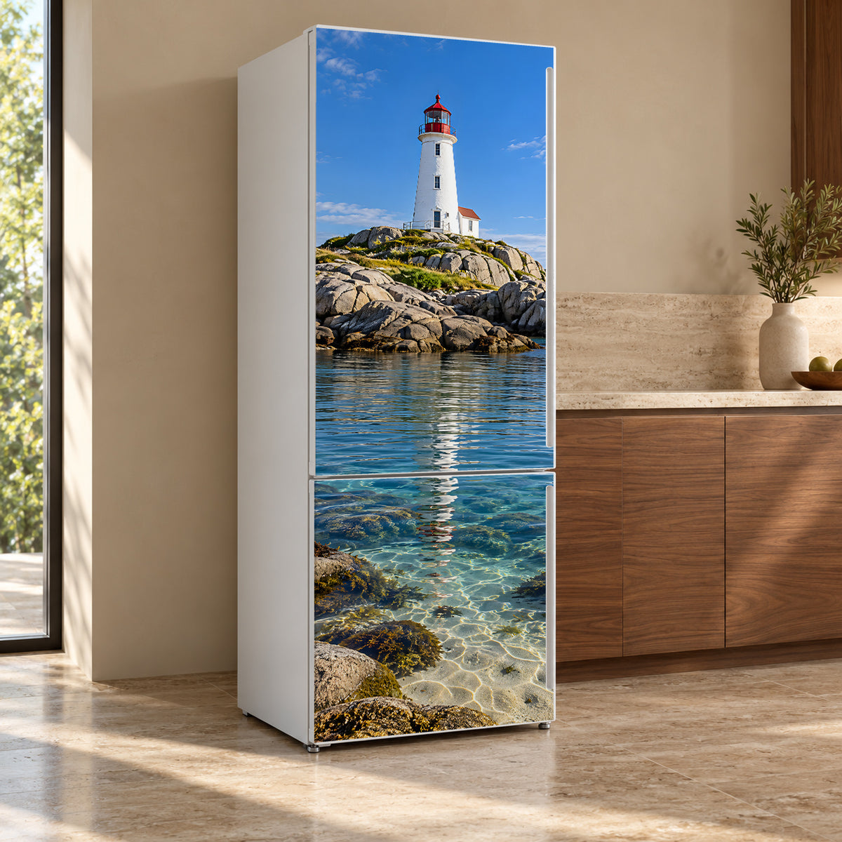 Lighthouse fridge wrap, refrigerator shown at an angle