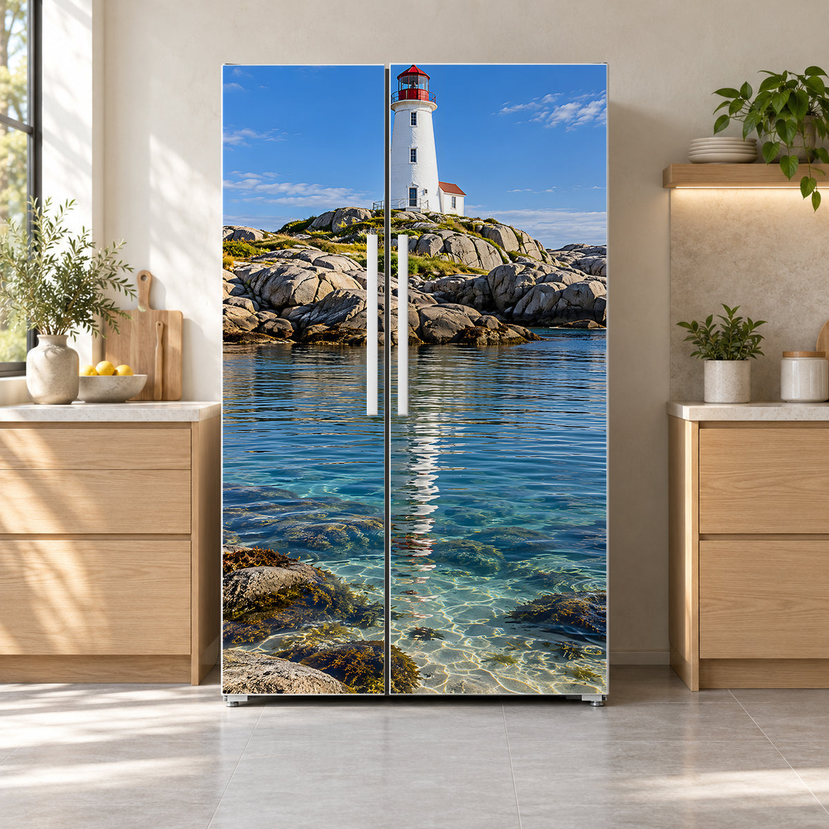 Lighthouse fridge wrap on a side-by-side refrigerator