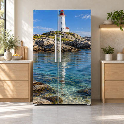 Lighthouse fridge wrap on a side-by-side refrigerator