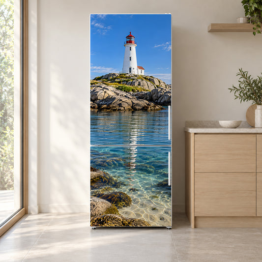 Lighthouse fridge wrap on a white refrigerator in a bright kitchen