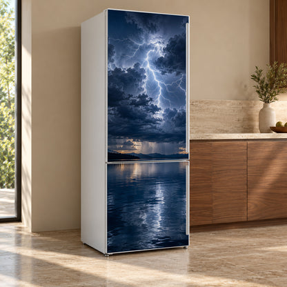 Lightning Storm fridge wrap, refrigerator shown at an angle