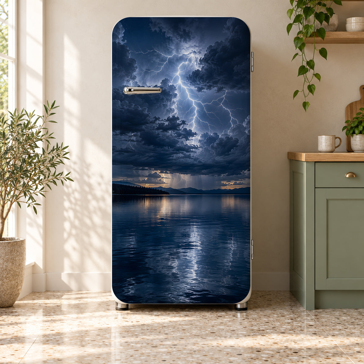 Lightning Storm fridge wrap on a retro refrigerator