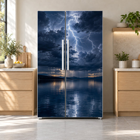 Lightning Storm fridge wrap on a side-by-side refrigerator