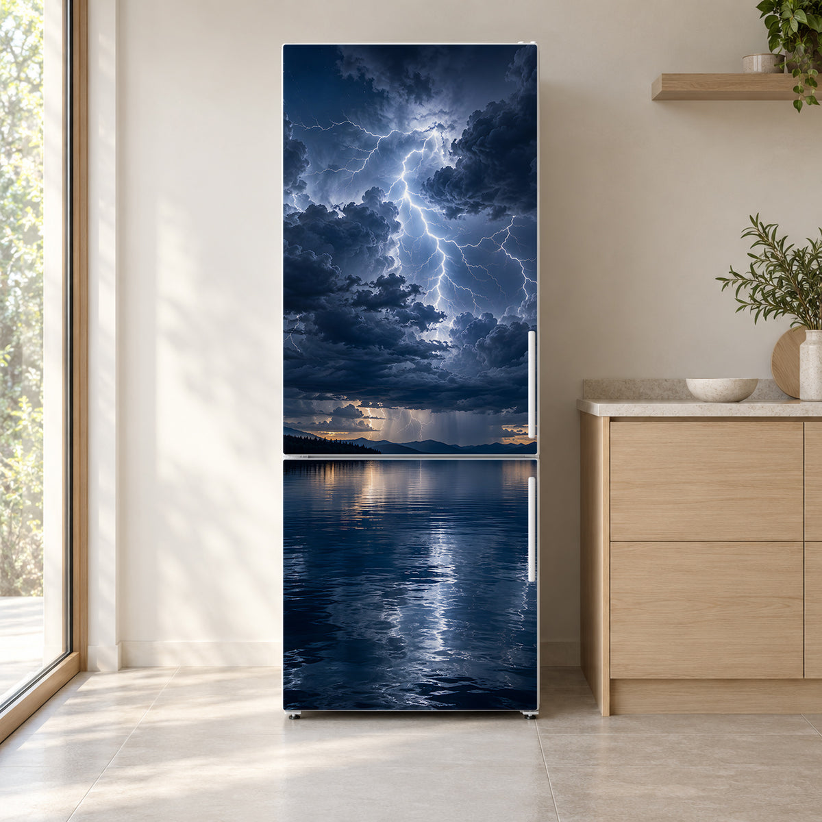 Lightning Storm fridge wrap on a white refrigerator in a bright kitchen
