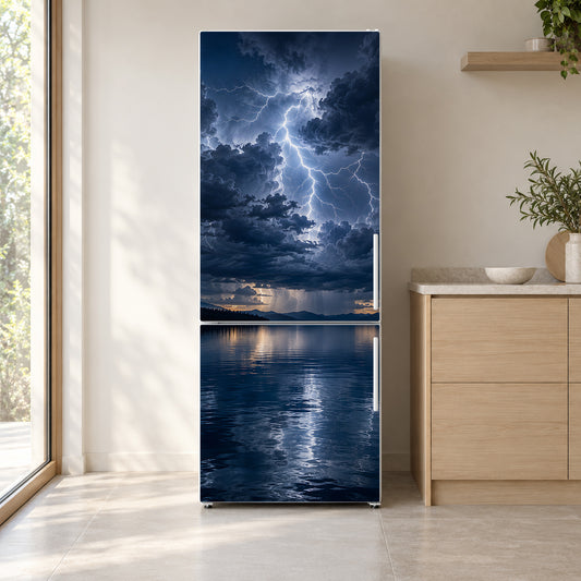 Lightning Storm fridge wrap on a white refrigerator in a bright kitchen
