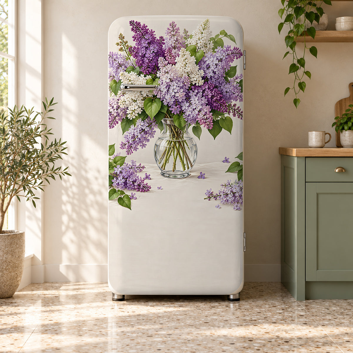 Lilacs fridge wrap on a retro refrigerator